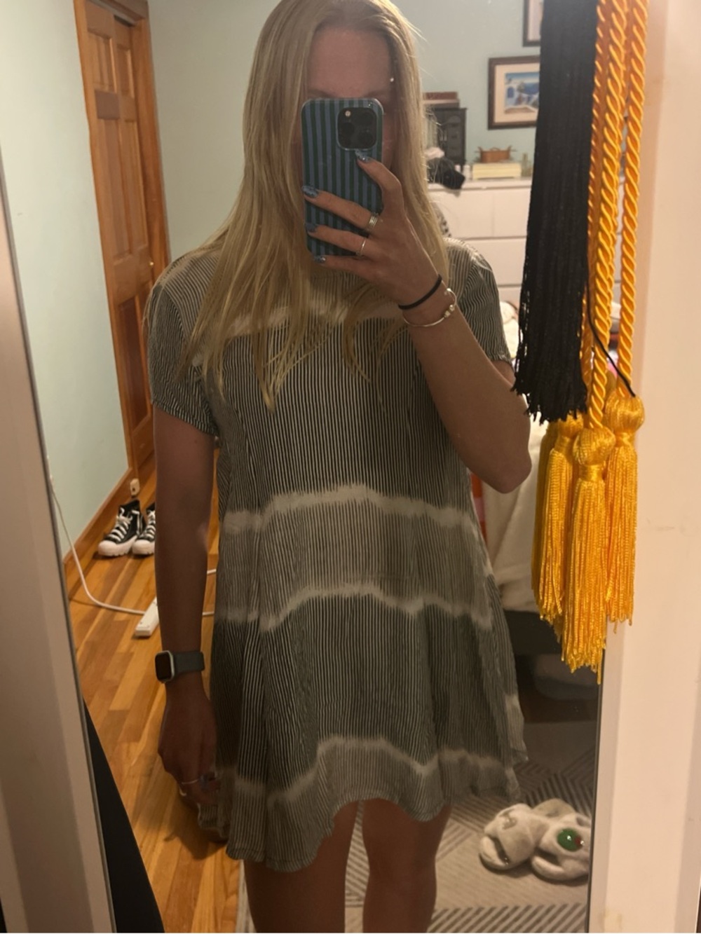 RVCA Striped Tie-Dye Mini Dress in Gray & White